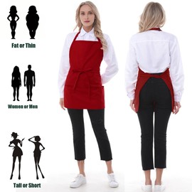 Y.F.H sunbest Chef Apron 3 Pocket Waiter Apron Adjustable Halter Apron Extra Long Belt Short Kitchen Cooking Apron Unisex Red