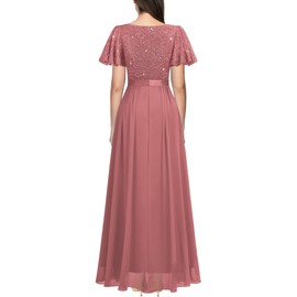 Miusol Women's Retro V-Neck Ruffle Sleeve Sequined Floral Lace Bridesmaid Party Maxi Dress (X-Large, Cinnamon Pink)