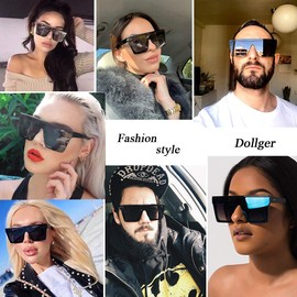 Dollger Square Oversized Sunglasses for Women Men Fashion Flat Top Big Black Frame Shades (Black)
