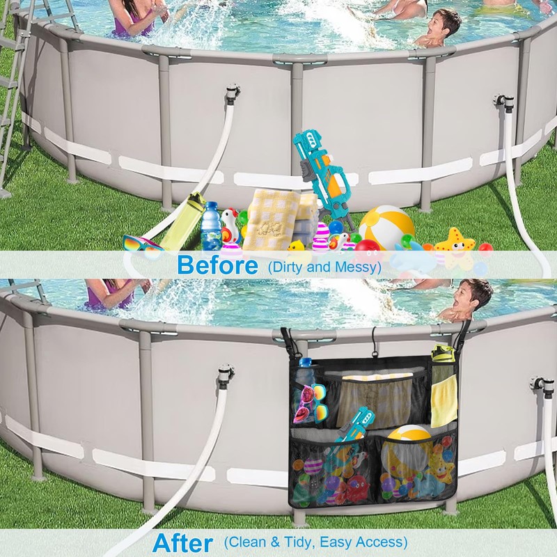 Cyiecw Pool Storage Bag with 3 Hooks, Removable Pool Storage