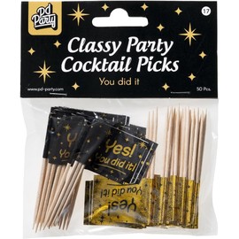 Jesters Party You Did It Cocktail Picks - 50pcs Classy Party Toothpicks for Graduation Party and Celebrations - Black and Gold Cocktail Sticks for Food Decorations