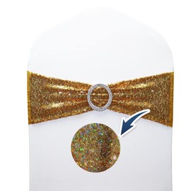 LIZIMI Sequin Chair Sash, Glittering Sequins Bows Stretch Spandex & Polyester Chair Bands for Party, Wedding, Birthday Event, Hotel, Banquet, Baby Shower Decorations (Gold 10 PCS)