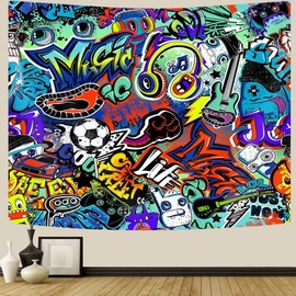 Modern Street Graffiti Tapestry, Creative Urban Street Music Hip Hop Hippie Art Tapestries Funny Colorful Tapestry Wall Haning for Teen Boys Girls, Aesthetic Tapestry for Bedroom College Dorm 80"X60"
