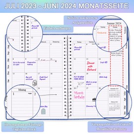 2023-2024 Planner, July 2023 - June 2024 Weekly Planner with Monthly Tabs, Back Pocket, Elastic Closure, Double Wire Binding, Easy Organisation of Daily Life, 15.7 x 21 cm, Blue