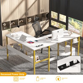 Unikito Reversible L Shaped Desk with Magic Power Outlets and USB Charging Ports, Sturdy Corner Computer Desk with Storage Shelves, Gaming Table Home Office Desk, Easy to Assemble, White and Gold