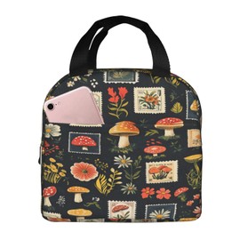 gkmaolt Mushroom Lunch Box Botanic Flowers Insulated Lunch Bag for Kids Women Men Reusable Cooler Vintage Tote Bag with Front Pocket for Girls Boys Students School Picnic Travel Office