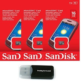 SanDisk 16GB (3 Pack) MicroSD HC Memory Card SDSDQAB-016G (Retail Packaging) LOT of 3 Bundle with (1) Everything But Stromboli Memory Card Reader