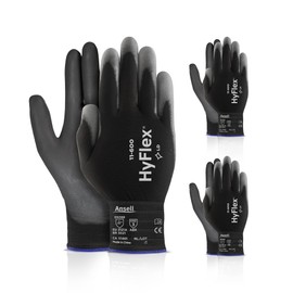 Ansell HYFLEX 11-600 Light Duty Nylon Industrial Gloves w/Palm Coating for Metal Fabrication, Automotive - XS (6), Black (3 Pairs)