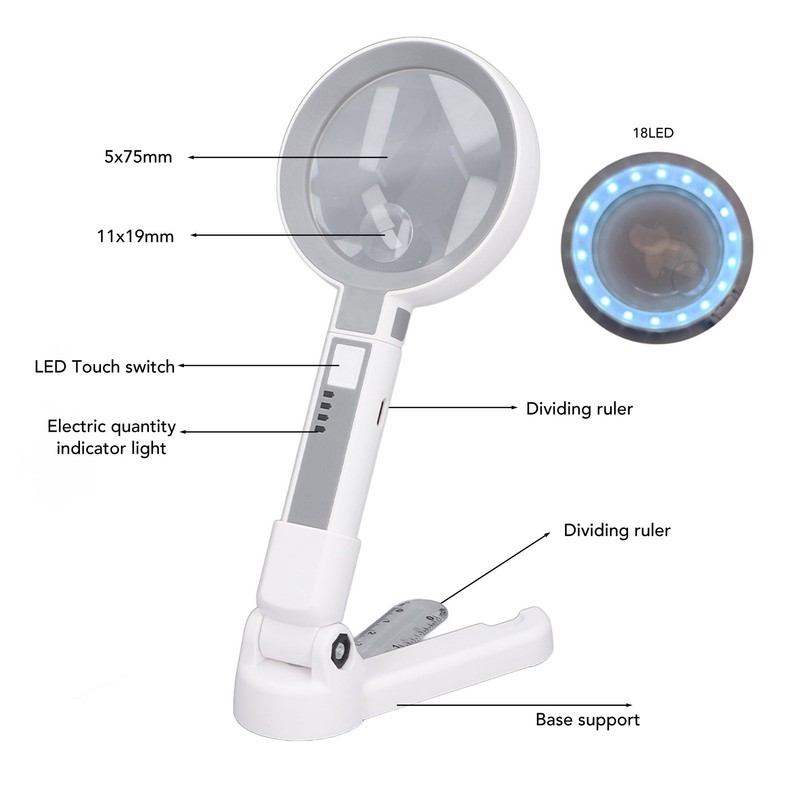 Magnifying Glass 5X 11X 18 LED Rechargeable 3 Brightness Levels