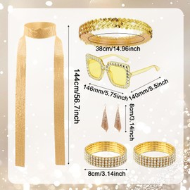 SAIIURV Pack of 7 1970s Disco Accessories, Glitter Hair Bands Earrings Scarf Rhinestone Sunglasses Bracelet Disco Accessories 70s 80s Outfit Women for Carnival Costume (Gold)