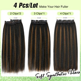 HANNE 18 Inch 4Pcs/lot Kinky Straight Clip-In Hair Extensions for Women Natural Black Mixed Brown Synthetic Yaki Straight Clip ins Hair Pieces for Daily or Party Use (P1B/30, 18 Inch)