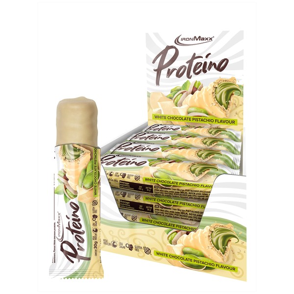 IronMaxx Proteino Protein Bar - White Chocolate Pistachio 12 x 30 g | High Protein Bar on Waffle Base with Creamy Filling | Sugar-Reduced Protein Bar Gluten-Free and Palm Oil Free