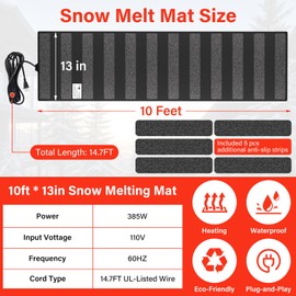 ANWEOR Heated Snow Melting Mats Outdoor,Anti-Slip Outdoor Winter Heated Mat for Walkways,3 in/h Speed Snow and Ice Melting Pads for Winter Backyards,Prevention Roof and Valley Ice Dam(10FTx13IN)