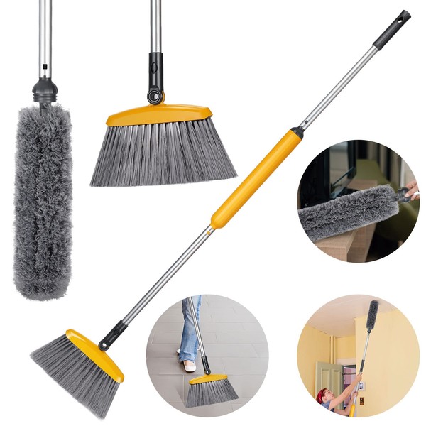 MASTERTOP Broom with Handle, 2-in-1 Microfibre Duster and Sweeping Broom Set with 130 cm Aluminium Handle, Room Broom Dust Broom for Floors, Ceilings, Blinds, Cars