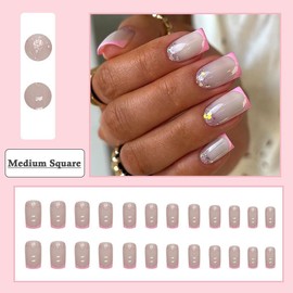 BAOYAALIN French Pink Press on Nails Medium Square Fake Nails with Fashion Glitter Design Full Cover Press ons Artificial Acrylic False Stick on Nail for Women Girls Daily Wear Wedding Manicure 24Pcs