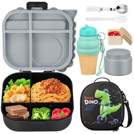 Lunch Box with 13oz Soup Thermo for Hot Food Kids Insulated Food Jar Container with Silicone Water Cup and Spoon & Fork Leak Proof Bento Box Set with 5 Compartment Lunch Bag for School Travel