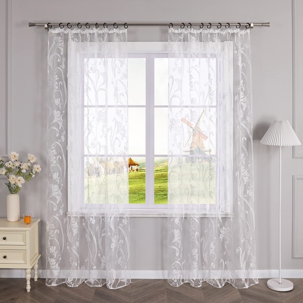 CORLIF Voile Curtain with Ruffle Tape, Burnout Pattern, Transparent Curtains