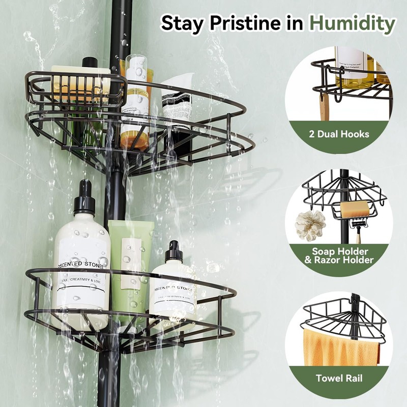 Binecer Corner Shower Caddy Tension Pole-4 Tier Adjustable Bathroom Shower