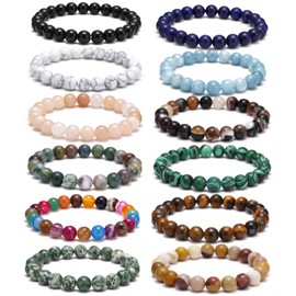 YINRIS 12Pcs 4MM/6MM/8MM Semi-Precious Gemstone Bracelet Set Healing Agate Tiger Eye Mookaite Natural Stone Stretch Bracelets for Men Women Round Beaded Elastic Bracelets (bra000040-3) 8MM