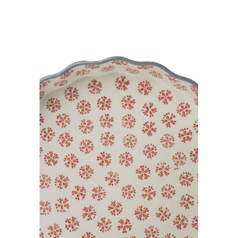 Tranquillo Stoneware Quiche Dish with Hand Stamped Print Grey/Red Retro