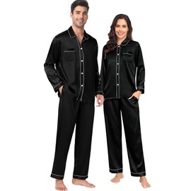 SWOMOG Couples Satin Pajamas Set Women & Men 2PCS Pjs Long Sleeve & Pants Sleepwear Button-Down Loungewear with Pockets Women Black Small