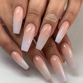 24PCS Press on Nails Long Coffin Shape Designs Acrylic Nails,Fake False Nails with Nail Glue for Women Girls Stick on Nails (Bare White Gradient L-21)