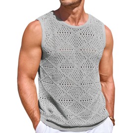 Runcati Mens Knitted Tank Tops Casual Sleeveless Hollow Out Crochet T-Shirts Muscle Summer Beach Hippie Shirts Gray