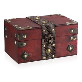 SUMNACON Wooden Pirate Treasure Chest Box with Lid, Vintage Souvenir Storage Box Keepsakes Storage Organizer Rectangle Jewelry Trinket Chest Decorative Pirate Chest