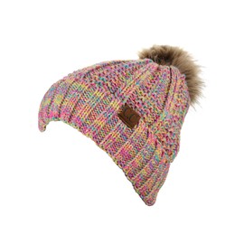 C.C Thick Cable Knit Faux Fuzzy Fur Pom Fleece Lined Skull Cap Cuff Beanie, Bright Mix