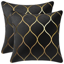 DEZENE 16x16 Inch Gold Velvet Throw Pillow Covers: 2 Pack Square Decorative Pillow Cases for Bedroom Sofa Couch Living Room, Black