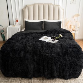 CHOSHOME CHOSHOME Plush Shaggy Duvet Cover Twin Size, 3 PCS Fluffy Comforter Fuzzy Flannel Bedding Sets(1 Faux Fur Duvet Cover + 2 Pillowcases), Zipper Closure & 8 Corner Ties, Black