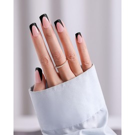 Jsiallye Pink Deep French Gel Nail Tips, 150Pcs Black French Tip Press on Nails,Short Square Pre-lasting Soft Gel Nail, No Need to File 4 in 1 Nail Tips,Soak off Acrylic Fake Nail Extensions 15 Sizes