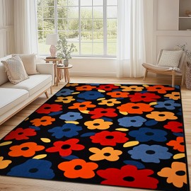 ASPMIZ 5x7 Area Rugs, Floral Rugs for Living Room, Black Flower Bedroom Rug, Spring Summer Washable Rug Non Slip, Low Pile Carpet Non Shedding, Soft Faux Wool Throw Rugs for Dinning Room, Black