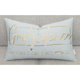 MANOJAVAYA Godfidence Embroidered Pillow Cover - 12x20 Inch Robins Egg Cotton - Christian Lumbar Cushion Cover - Bible Verse Home Décor - Sofa, Couch, Bed Accent - Inspirational Faith Gift
