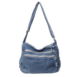Large Denim Purses for Women Retro Denim Tote Bag Multi-Pocket Casual Crossbody Lightweight Shoulder Bag Canvas Handbags for Daily Use & Travel​ light Blue