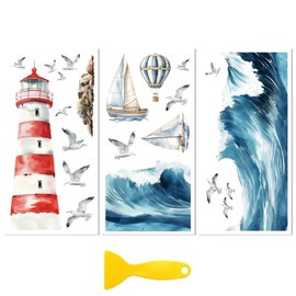 Peacoblue Rub on Transfer Decal Sticker for Furniture Craft Decor 6"x12" Waves and Lighthouse, 3Pcs Waterproof UV DTF Transfer for Drawer Dresser Glass Porcelain Wood Plastic