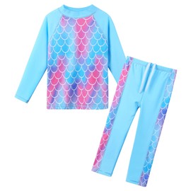ZNYUNE 3 to 12 Years Girls Two Pieces Swimsuits UPF 50 Beachwear Top Shorts with Drawstring Summer Swimwears Pool Party Bathing Wetsuits Blue Pink Cute Pattern Swim Sets S361 ScaleBlue 14A