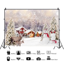 ASDCXZ Christmas Backdrop 2.2x1.5m, Romantic Snow Scene Snowman House Christmas Tree Elk Deer Photo Backdrop, Vinyl Family Celebration Party Ornaments Photography Backdrop Banner