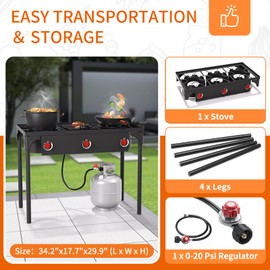 ADREAK High Pressure Propane Burner, 3 Burner Camping Stove with Detachable Legs, 225,000 BTU Propane Gas Stove Burner with 0-20 PSI Regulator for Camping, Tailgating, Backyard, Outdoor Cooking