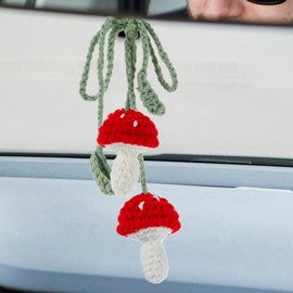 Gjinxi Mushroom Car Accessories for Women, Safe Crochet Car Mirror Hanging Accessories, Cute Mushroom Car Hanging Ornament, Crochet Car Accessories for Women, Interior Car Decor Gifts for Women Girls