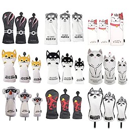 Golf Cover, Headcover, Wood Cover, FW Cover with Conversion Tag, Waterproof, Akita Inu, Husky, Cat, Koala, Shark, Lion (Akita Inu, Black)