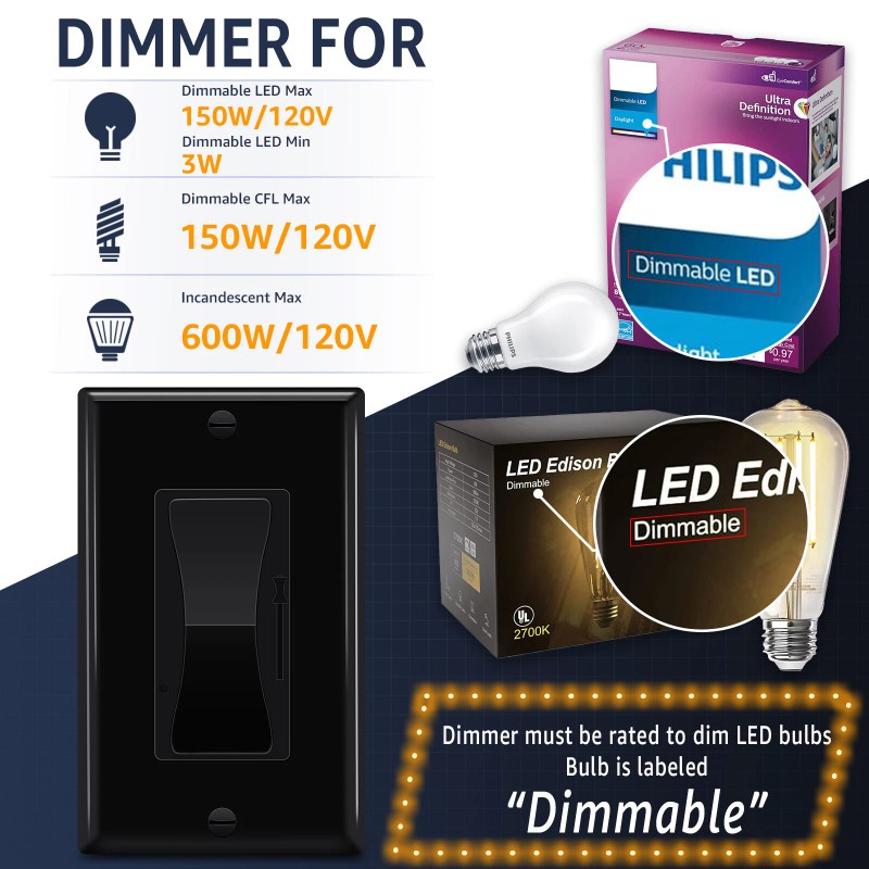 GREENCYCLE 2Pack Black Decora Rocker, 600W CFL/3-150W LED, 3-Way Dimming