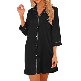 Teemie Women's V-Neck Satin Night Dress Sleepwear 3/4 Sleeves Sleep Shirt Button Placket Nursing Nightdress with Buttons S-XXL, black