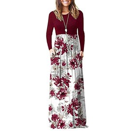 AUSELILY Women's Long Sleeve Dress Loose Plain Long Casual Maxi Dresses with Pockets 2025 New Red Flower White L
