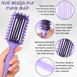 Curling Brush for Curls, Gentle Detangling & Styling without Pulling, Ergonomic Handle, Anti-Static, Suitable for Women, Men & Children, Also as a Hair Brush (Purple)