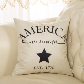 Fjfz July 4th Farmhouse Decorative Throw Pillow Cover America Est. 1776 Patriotic Sign Decoration Rustic Home Decor Cotton Linen Cushion Case for Sofa Couch, 18" x 18"