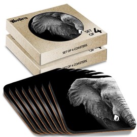 8 x Square Coasters - Black & White Elephant Face Cork Backed MDF Glossy Tea Coffee Accessory #63023