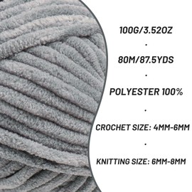 2 Pack Chunky Chenille Yarn for Crocheting, Baby Yarn for Crocheting Soft Blanket, 174.9 yds /7 oz Crochet Yarn, Bulky 5 Amigurumi Yarns, Fluffy Velvet Yarns for Knitting Crafts (2 Grayish)