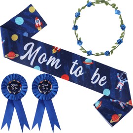 Serencatcher Space Baby Shower Decorations Blue, Boy Space Theme Mom to Be Maternity Sash Mom Dad to Be Button Pin Flower Crown Headband for Galaxy Gender Reveal Party