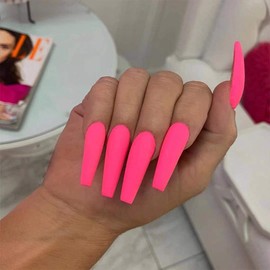 Florry Coffin Extra Long Fake Nails Ballerina Press on Nails Matte Acrylic Nails for Women and Girls 24Pcs (Pink)
